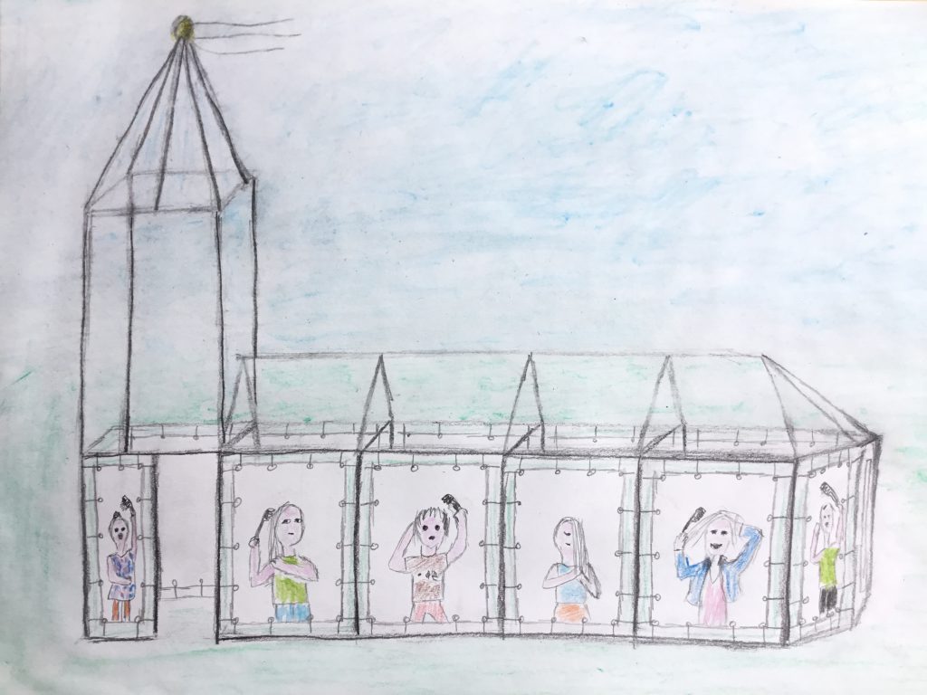 Tekening-Wietske-kerk-Haren-in-de-wind, Under de toer, LF2018, kunstenaar Wietske Lycklama à Nijeholt