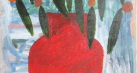 Rode vaas, bloemen schilderij, kunst kopen online, hedendaagse schilderkunst, kunstenaar Wietske Lycklama à Nijeholt