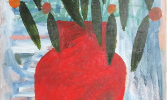 Rode vaas, bloemen schilderij, kunst kopen online, hedendaagse schilderkunst, kunstenaar Wietske Lycklama à Nijeholt