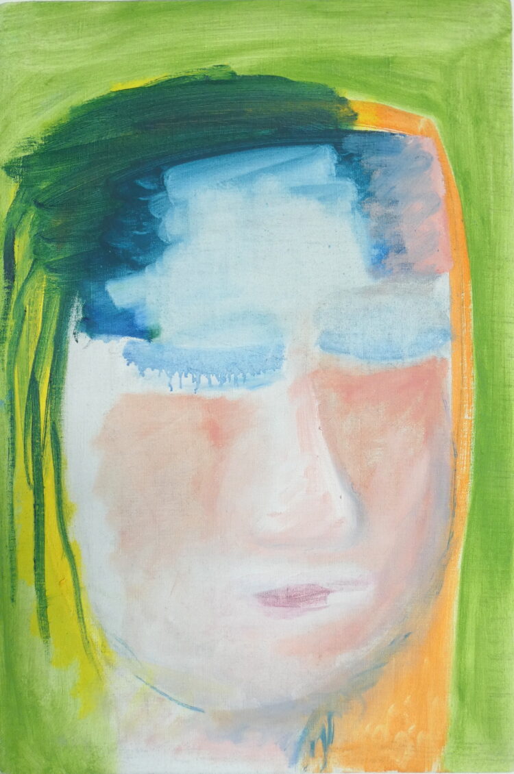 Shy, (zelf)portret, olieverf schilderij canvas, 40 x 60 cm. Hedendaagse figuratieve schilderkunst, Wietske Lycklama à Nijeholt