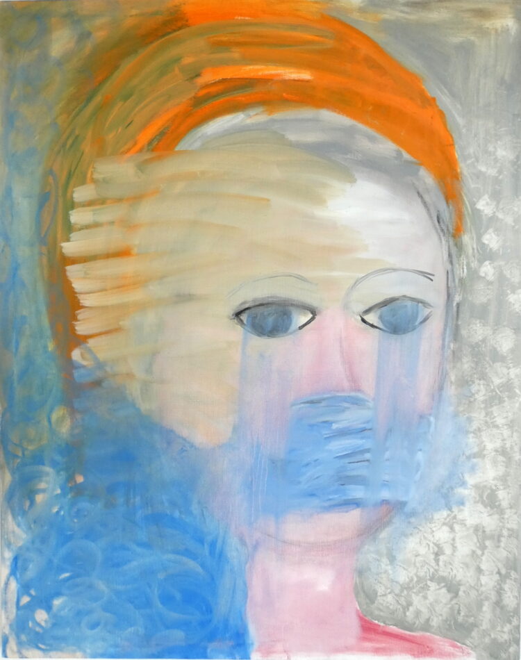 Try to say (zelf)portret, olieverf schilderij canvas, 100 x 125 cm. Hedendaagse figuratieve schilderkunst, kunstenaar Wietske Lycklama à Nijeholt