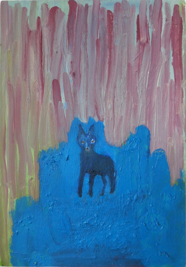 Oppassen-geblazen, kunstschilderij dieren, blauwe vos, kleurrijk olieverfschilderij, hedendaagse schilderkunst, kunstenaar Wietske Lycklama à Nijeholt