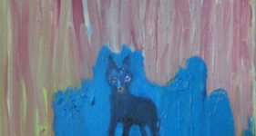 Oppassen geblazen, kunstschilderij dieren, blauwe vos, kleurrijk olieverfschilderij, hedendaagse schilderkunst, kunstenaar Wietske Lycklama à Nijeholt