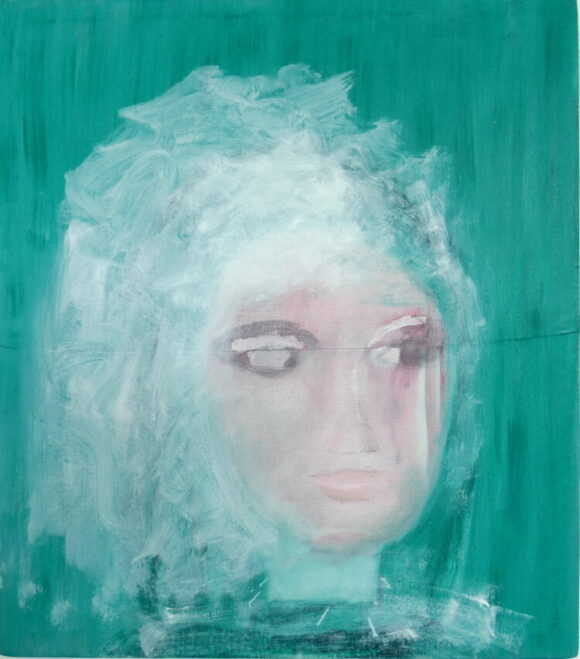 Groen portret, portret in groen, green portrait, zelfportret, self portraitoilpainting, duchart, modernart, figurative, artist Wietske Lycklama à Nijeholtt