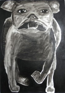 Zwarte hond, Black dog, schilderij dieren, kunstschilderij dieren, oilpainting, figurative art, contemporary art, dutch art, painting animal, dutch artist Wietske Lycklama à Nijeholt