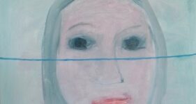 Portret schilderij met blauwe kunstlijn, portret schilderij,, zelfportret, kunst online kopen, Figuratieve kunst, kunstverzamelaars, kunst kopen Friesland, hedendaagse schilderkunst, Wietske Lycklama à Nijeholt