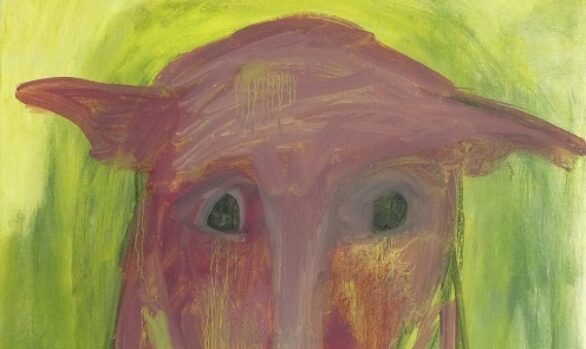 Rode hond olieverfschilderij met hondenkop in rood tegen groen-gele achtergrond. Met treurige en indringende blik.