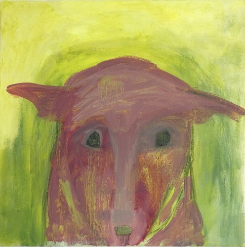 Rode hond olieverfschilderij met hondenkop in rood tegen groen-gele achtergrond. Met treurige en indringende blik.