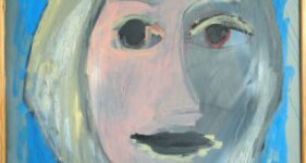 Twee gezichten in één portret, groot olieverfschilderij, portret schilderij met blauwe achtergrond, kunstschilderij portret, modern art, hedendaagse kunst, dutch artist Wietske Lycklama à Nijeholt