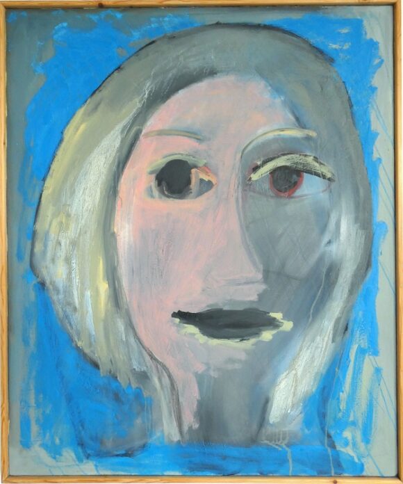 Twee gezichten in één portret, groot olieverfschilderij, portret schilderij met blauwe achtergrond, kunstschilderij portret, modern art, hedendaagse kunst, dutch artist Wietske Lycklama à Nijeholt