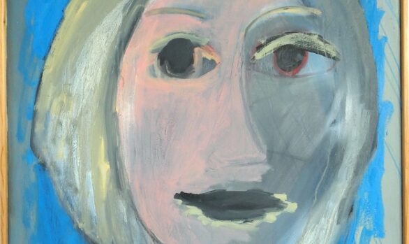 Twee gezichten in één portret, groot olieverfschilderij, portret schilderij met blauwe achtergrond, kunstschilderij portret, modern art, hedendaagse kunst, dutch artist Wietske Lycklama à Nijeholt