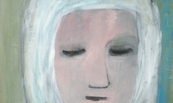 Famke, portret schilderij met blauwgroene achtergrond, kunstschilderij portret, modern art, hedendaagse kunst, dutch artist Wietske Lycklama à Nijeholt