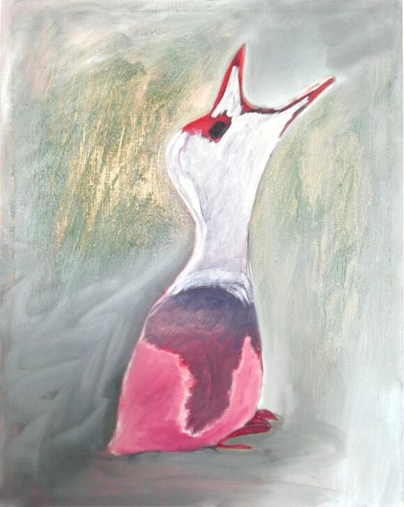 Vogel schilderij Schreeuw, vogelschilderij op canvas, schilderij vogels modern, figuratieve kunst, kunst online kopen, kunstverzamelaars, kunst kopen Friesland, hedendaagse schilderkunst, Wietske Lycklama à Nijeholt